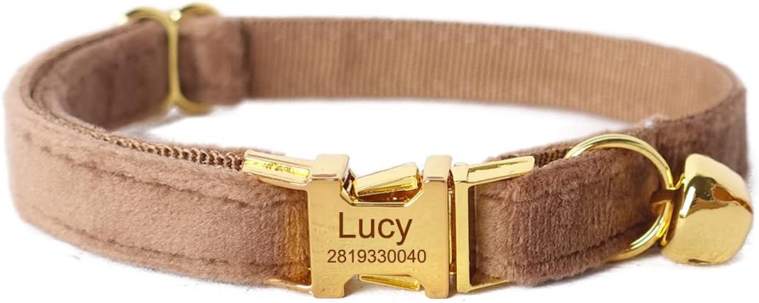 Cat Collar Personalized with Name Engraved and Bell, Customized Velvet Collars for Puppy Kittens (Brown, L)