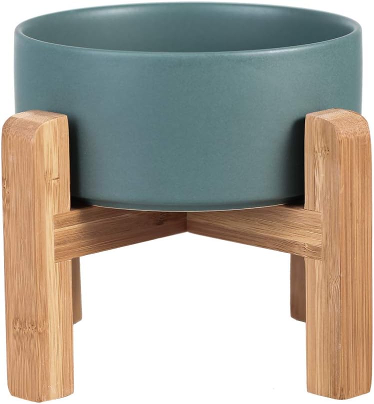Green Ceramic Elevated Raised Cat Bowl with Wood Stand No Spill Pet Food Water Feeder Cats Small Dogs