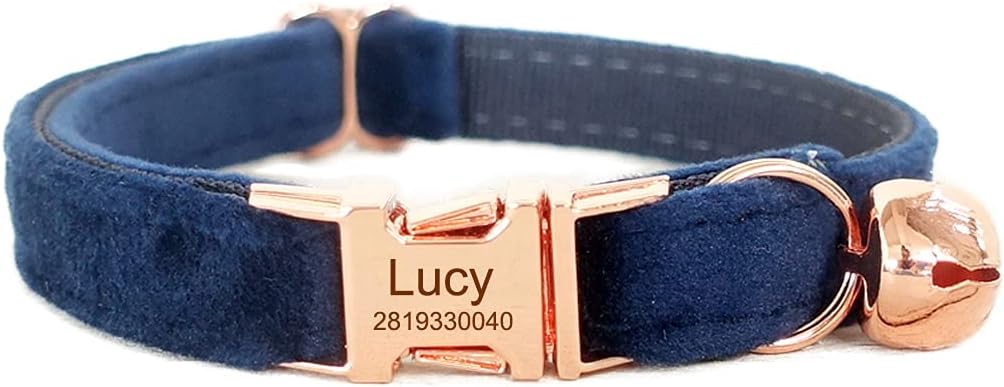 Cat Collar Personalized with Name Engraved and Bell, Customized Velvet Collars for Puppy Kittens (Navy Blue, L)