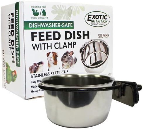 Stainless Steel Cup w/Holder - Durable Metal Mountable Food & Water Dish - Sugar Gliders, Hedgehogs, Chinchillas, Rats, Ferrets, Guinea Pigs, Rabbits, Squirrels, Birds (10 oz., Silver)