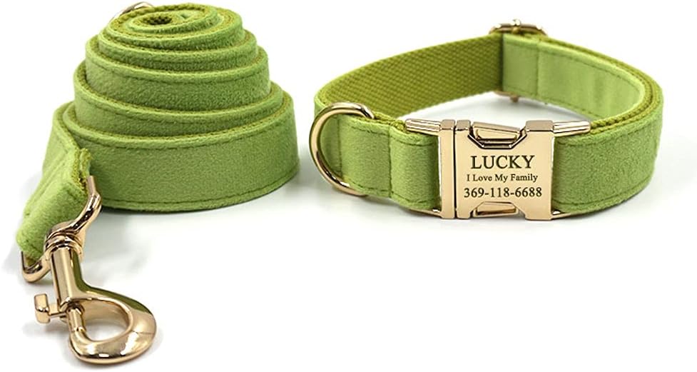 PETDURO Custom Dog Collar Personalized with Name Engraved Quick Release Rose Gold Metal Buckle for Large Medium Small Girl Dogs - Dog Leash and Bow Tie Available - Soft Comfy Velvet (Green, L)