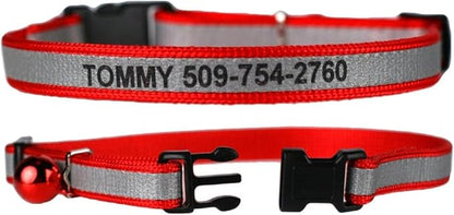 GoTags Personalized Reflective Cat Collars, Engraved Custom Cat Collar with Name and Phone Identification, Breakaway Collar with Safety Release Buckle and Bell, Adjustable for Cats and Kitten, (Red)
