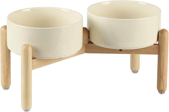 Ceramic 7.3inch Raised Double Bowls Set with Wooden Stand, Food & Water Bowls for Medium Breed Dogs, Weighted Dog Dishes, Pet Feeder(Beige)