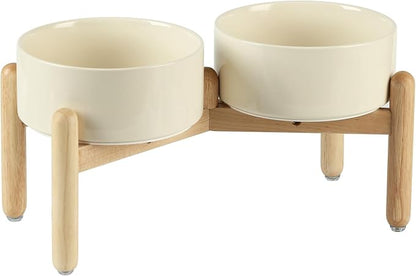 Ceramic 7.3inch Raised Double Bowls Set with Wooden Stand, Food & Water Bowls for Medium Breed Dogs, Weighted Dog Dishes, Pet Feeder(Beige)