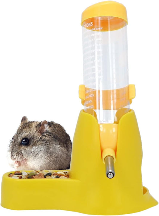 3 in 1 Hamster Hanging Water Bottle Pet Auto Dispenser with Base for Dwarf Hamster Mouse Rat Hedgehog (125ML, Yellow)