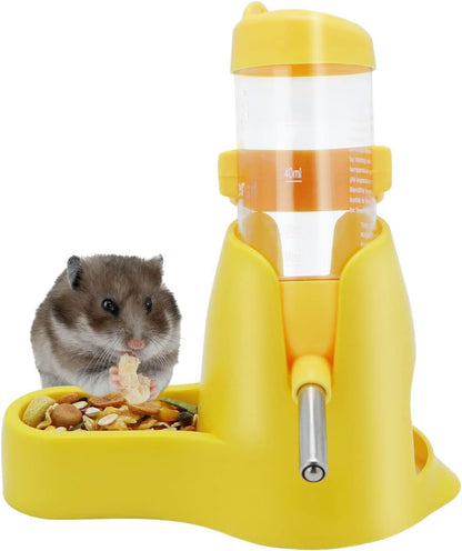 3 in 1 Hamster Hanging Water Bottle Pet Auto Dispenser with Base for Dwarf Hamster Mouse Rat Hedgehog (80ML, Yellow)