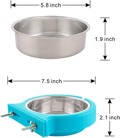 Crate Dog Bowl Removable Stainless Steel Water Food Feeder Bowls Cage Coop Cup for Cat Puppy Bird Pets (Large, Blue with Corrugated Clip)