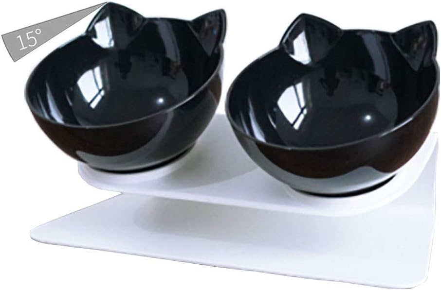 Luck Dawn Double Elevated Cat Bowls with Raised Stand, 15 Tilted cat Bowl Design Neck Guard Stand Raised Pet Food Water Feeder Bowl for Cats or Small Dogs