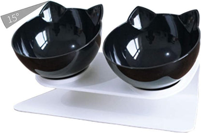 Luck Dawn Double Elevated Cat Bowls with Raised Stand, 15 Tilted cat Bowl Design Neck Guard Stand Raised Pet Food Water Feeder Bowl for Cats or Small Dogs