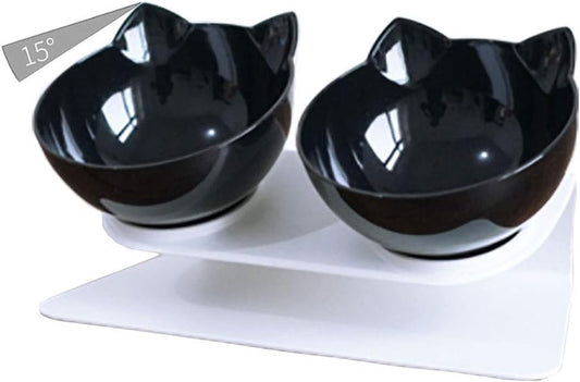 Luck Dawn Double Elevated Cat Bowls with Raised Stand, 15 Tilted cat Bowl Design Neck Guard Stand Raised Pet Food Water Feeder Bowl for Cats or Small Dogs
