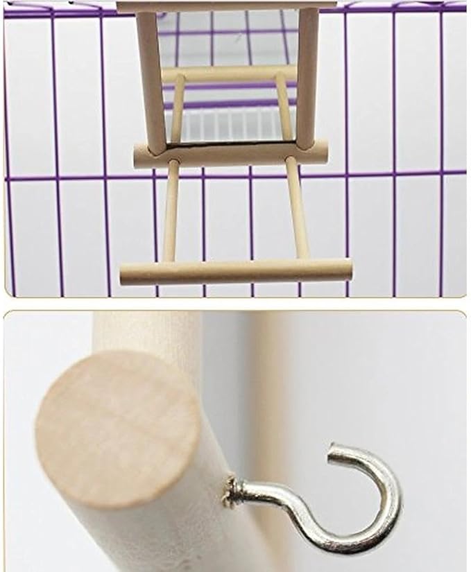 Bird Mirror with Swing and Perch for Parakeets Cockatiels Lovebirds Finches - Wooden Interactive Hanging Cage Toy, 3.7 x 3.5 x 3.5 Inch, 1 Pack