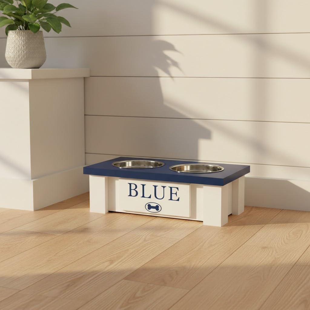 GrooveThis Woodshop - Personalized Elevated Dog Bowl Stand for Large, Medium, Small, X-Small Dogs - Stainless Steel Food and Water Bowls - Raised Dog Dish with Internal Storage (X-Small, Blue)