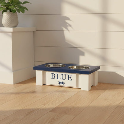 GrooveThis Woodshop - Personalized Elevated Dog Bowl Stand for Large, Medium, Small, X-Small Dogs - Stainless Steel Food and Water Bowls - Raised Dog Dish with Internal Storage (X-Small, Blue)