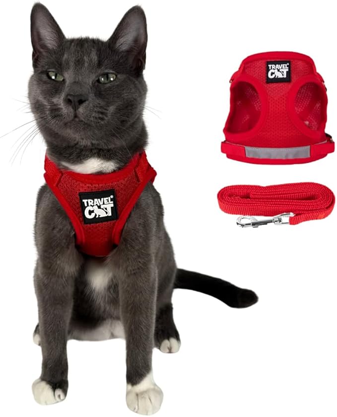 Travel Cat Harness and Leash Set - Adjustable Fit Mesh Cat Harness and Reflective Strap - Comfort Walking Vest for Kitten for Outdoor Walking, Hiking (Extra Small, Red)