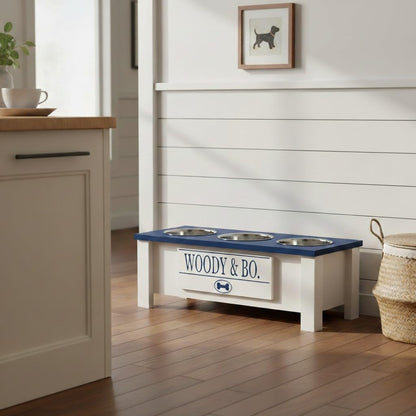 GrooveThis Woodshop - Personalized Elevated Triple Dog Bowl Stand for Large, Medium, Small, X-Small Dogs - 3 Stainless Steel Food and Water Bowls - Raised Dog Dish with Internal Storage (Medium, Blue)