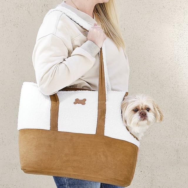 The Limit'd Edition Kool@burra Faux Suede & Sherpa Pet Carrier Tote Zip-Top Dog/Cat Carrier with Front Scoop & Pocket, Cream/Tan, 17 x 8 x 15 in
