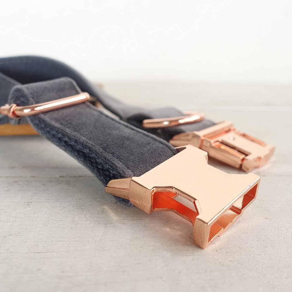 PETDURO Custom Dog Collar Personalized with Name Engraved Quick Release Rose Gold Metal Buckle for Large Medium Small Girl Dogs - Dog Leash and Bow Tie Available - Soft Comfy Velvet (Grey, XL)