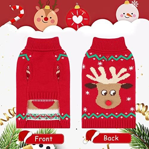 Christmas Dog Turtleneck Sweater Winter Reindeer Snowflake Sweater with Leash Hole Puppy Knitwear Pullover Holiday Sweaters for Small Medium Large Dogs XXL