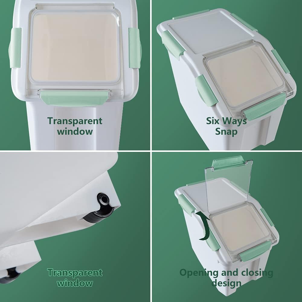 Saim Flour & Food Storage Container 25LB, Rice Dispenser & Dog Food Container with Lid, BPA Free Plastic with Measuring Cup for Rice, Flour, Dry Food Organization Cat Food Bin Bulk on wheels (Green)