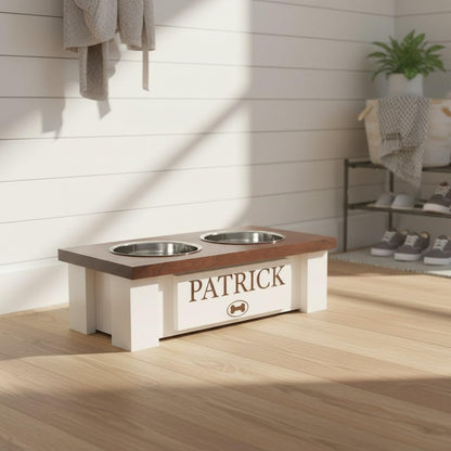 GrooveThis Woodshop - Personalized Elevated Dog Bowl Stand for Large, Medium, Small, X-Small Dogs - Stainless Steel Food and Water Bowls - Raised Dog Dish with Internal Storage (X-Small, Dark Walnut)