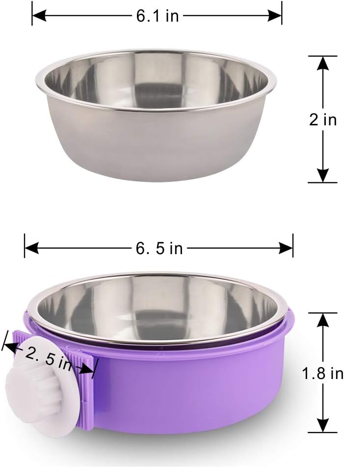 Crate Dog Bowl Removable Stainless Steel Water Food Feeder Bowls Cage Coop Cup for Cat Puppy Bird Pets (Large, Purple)