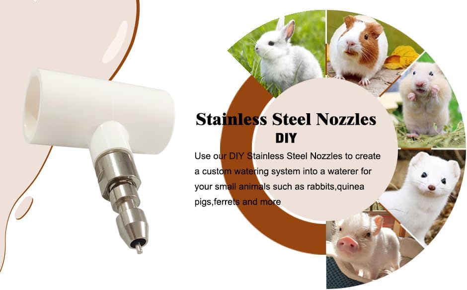 Stainless Steel Rabbit Water Nipples Feeder PVC Tees Automatic No Drip Watering System Kit for Guinea Pigs Ferrets and Other Rodent Small Animals (6PCS)