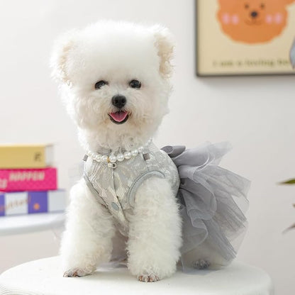 ANIAC Gray Dog Dress for Small Dogs Female,Bow Knot Girl Puppy Clothes with Detachable Pearl Necklace, Elegant Cat Dress, Formal Pet Pary Outfit for Wedding Birthday Valentines (Gray, X-Small)