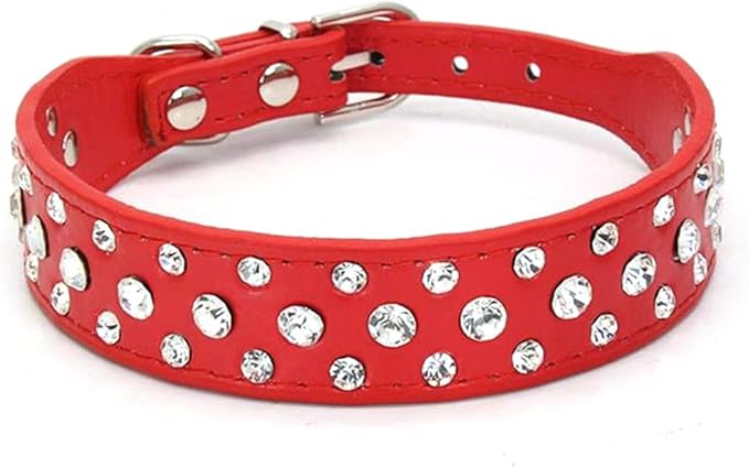 Rhinestone Dog Collar, Bling Rhinestone PU Leather Crystal Diamond Pet Dog Cat Puppy Collar Black S M L XL (L:30-36CM, Red)