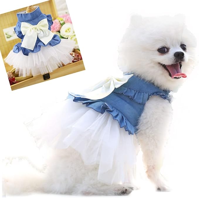ANIAC Blue Denim Dog Dresses for Small Dog Girl Spring Summer Puppy Clothes Fancy Dress for Cat White Lace Dogdy Tutu Outfit for Birthday Wedding Valentine(Small)
