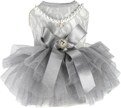ANIAC Gray Dog Dress for Small Dogs Female,Bow Knot Girl Puppy Clothes with Detachable Pearl Necklace, Elegant Cat Dress, Formal Pet Pary Outfit for Wedding Birthday Valentines (Gray, Medium)