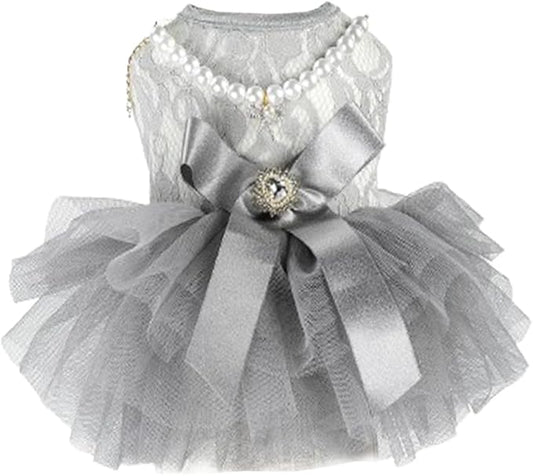 ANIAC Gray Dog Dress for Small Dogs Female,Bow Knot Girl Puppy Clothes with Detachable Pearl Necklace, Elegant Cat Dress, Formal Pet Pary Outfit for Wedding Birthday Valentines (Gray, X-Large)