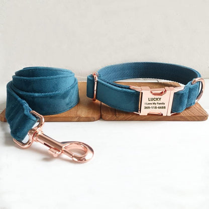 PETDURO Personalized Dog Collar Teal Soft Velvet for Large Medium Small Boy Girl Dogs - Custom Collar with Name Phone Number Engraved on Rose Gold Metal Buckle - Add Leash Bow Set via Customize Now