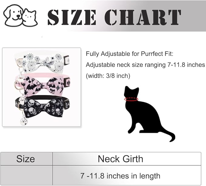 3 Pack Halloween Cat Collar with Detachable Bow Tie & Bell - Breakaway Adjustable Kitten Collars with Skull Gothic Bat Spider Web Pattern for Indoor Outdoor Cats (White, Pink, Black)
