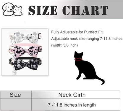 3 Pack Halloween Cat Collar with Detachable Bow Tie & Bell - Breakaway Adjustable Kitten Collars with Skull Gothic Bat Spider Web Pattern for Indoor Outdoor Cats (White, Pink, Black)