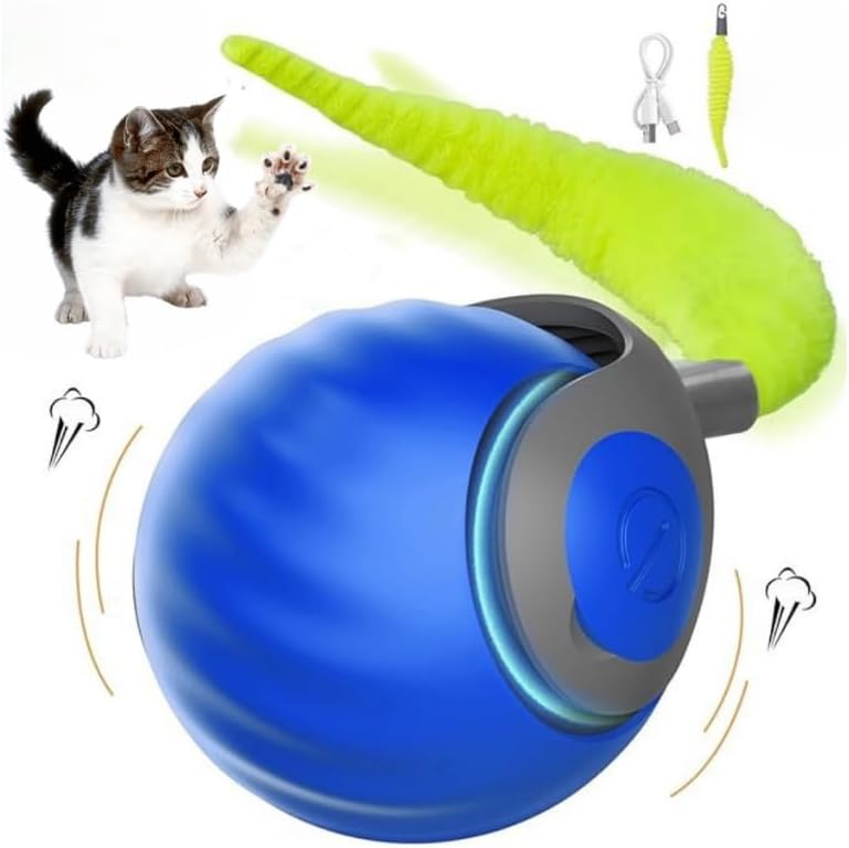 Speedy Tail 2.0 Cat Toy, Interactive Cat Toys for Indoor, Automatic Moving Kitten Rolling Ball with Tail, Rechargeable & Two Speed Adjustment, Smart Interactive Dog Ball, Rollie Pet Chase, Blue