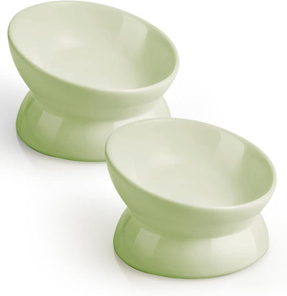 LoeJan Elevated Cat Food Bowl, 5 Oz Ceramic Raised and Tilted Water Bowl, Anti Vomiting and Protect Pets' Spines Dishes for Small Dog, Fat Faced Cat, Kitten (Green, 2 Pack)