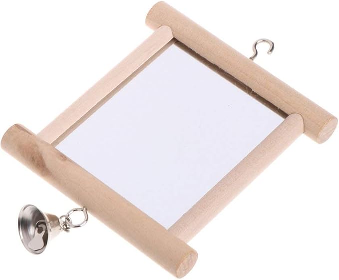 Bird Mirror Wooden Hanging Swing Interactive Play Toys for Small Parrot Budgies Macaw African Grey Parakeet Cockatiel Conure Lovebird Cage Accessories (Bird Mirror with Bell-ONE)