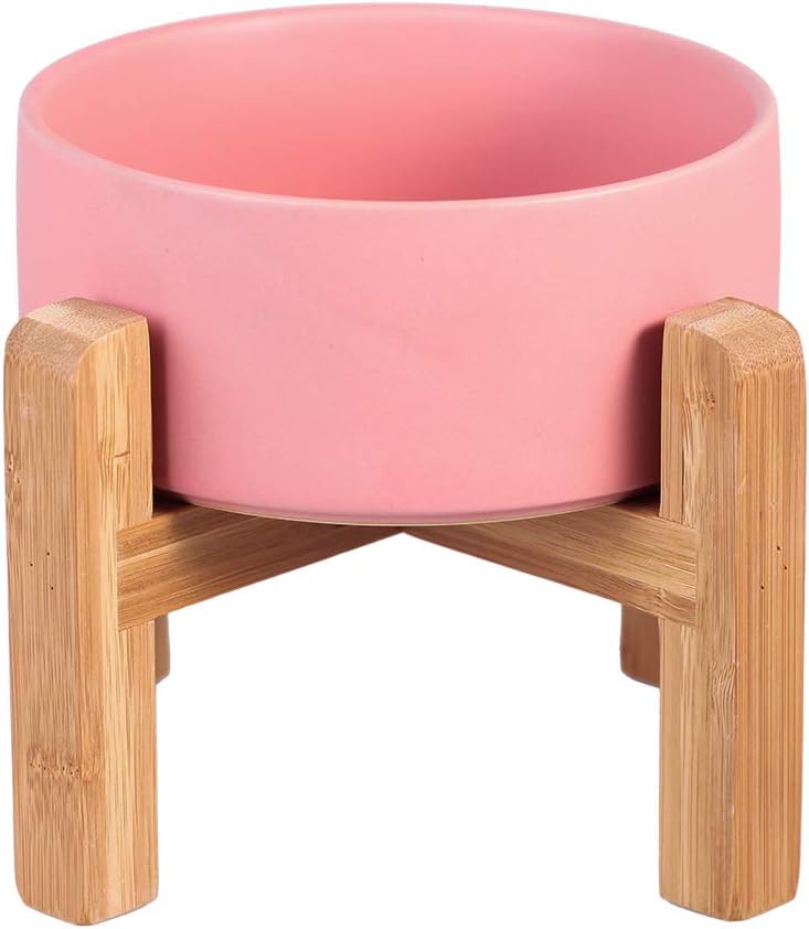 Pink Ceramic Elevated Raised Cat Bowl with Wood Stand No Spill Pet Food Water Feeder Cats Small Dogs