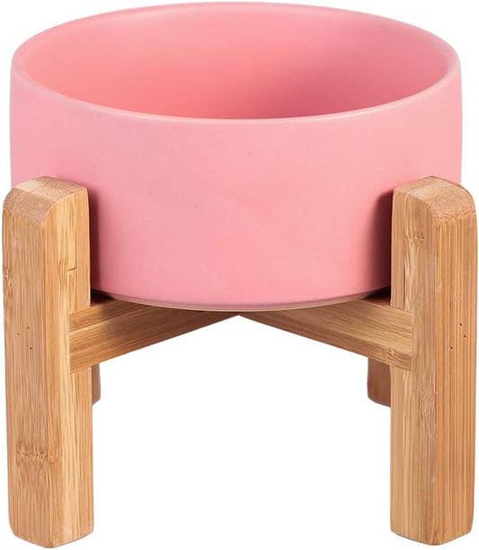 Pink Ceramic Elevated Raised Cat Bowl with Wood Stand No Spill Pet Food Water Feeder Cats Small Dogs