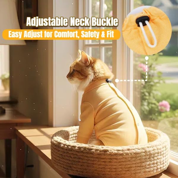 T'CHAQUE Cat Surgery Recovery Suit, Anti-Licking Onesie for Post-Spay/Neuter Abdominal Wound, Cat Recovery Suit with Adjustable Drawstring Collar - Long Sleeve Kitten Surgical Onesie, Orange, L