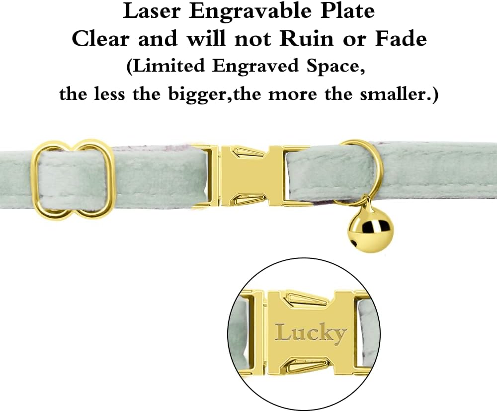 Personalized Cat Collar with Name Plate,Adjustable Tough Nylon Cat ID Collars with Bell,Customize Engraved Pet Name and Phone Number (Velvet Style E)