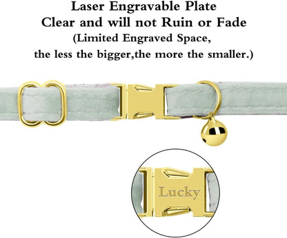 Personalized Cat Collar with Name Plate,Adjustable Tough Nylon Cat ID Collars with Bell,Customize Engraved Pet Name and Phone Number (Velvet Style E)