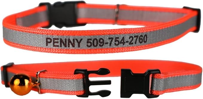 GoTags Personalized Reflective Cat Collars, Engraved Custom Cat Collar with Name and Phone Identification, Breakaway Collar with Safety Release Buckle and Bell, Adjustable for Cats and Kitten (Orange)