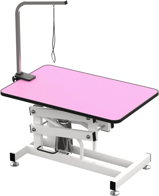 Hydraulic Dog Pet Grooming Table, 42 Inch Heavy Duty Z Lift Structure Professional Dog Grooming Table Suitable for Large Dogs at Home with Adjustable Arms, Clamps and 2 Grooming Noose, Pink