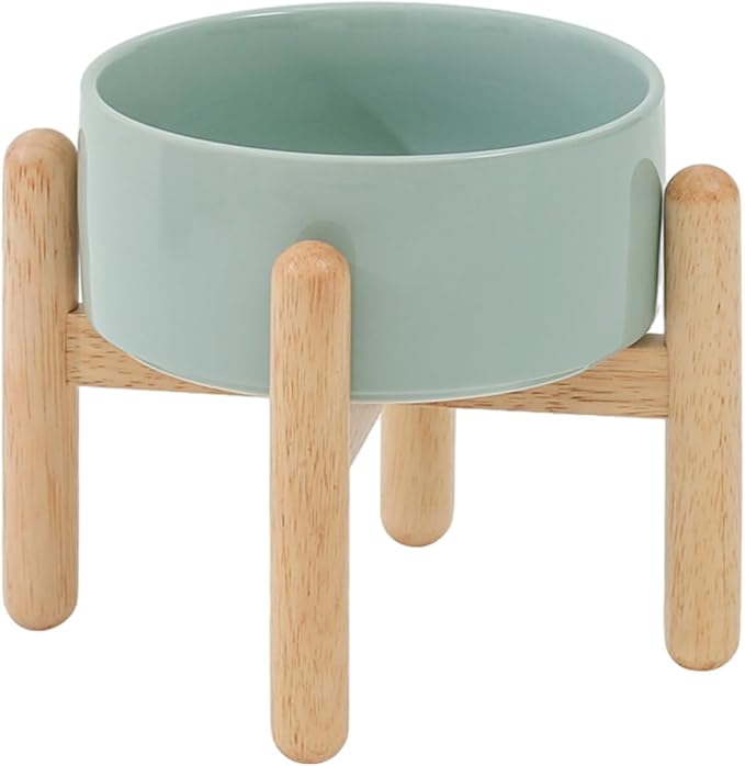 Ceramic 6.1inch Raised Dog Bowl with Stand for Small and Medium Dog Dish Pet Food and Water Bowl (Single Bowl with Stand - Light Green)