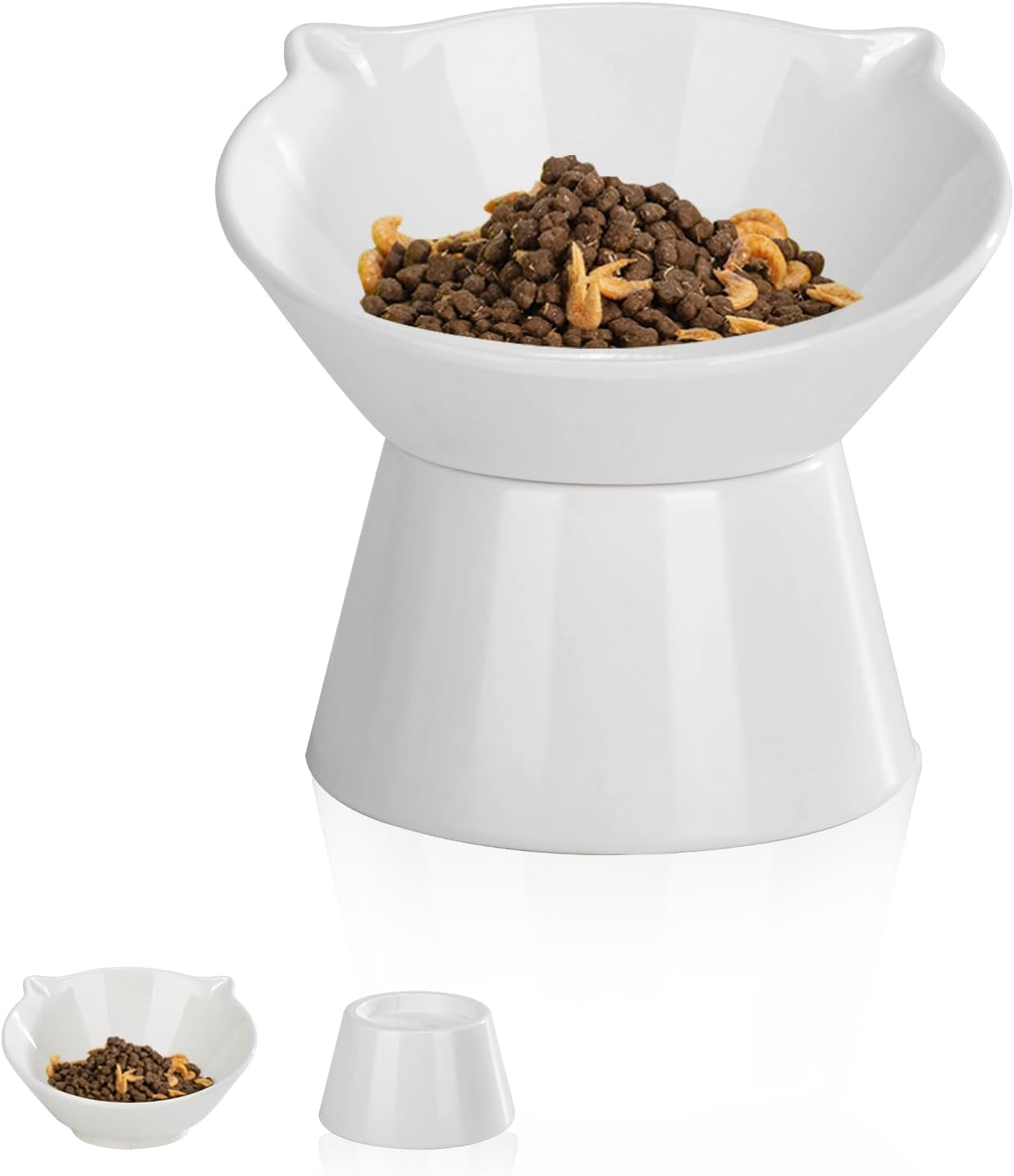 Detachable Elevated Cat Bowls, 15° Tilted Raised Cat Food Bowl Anti-Vomiting, Whisker Friendly, Adjustable Pet cat Dishes for Protecting Spine, Adult Kitten (White)