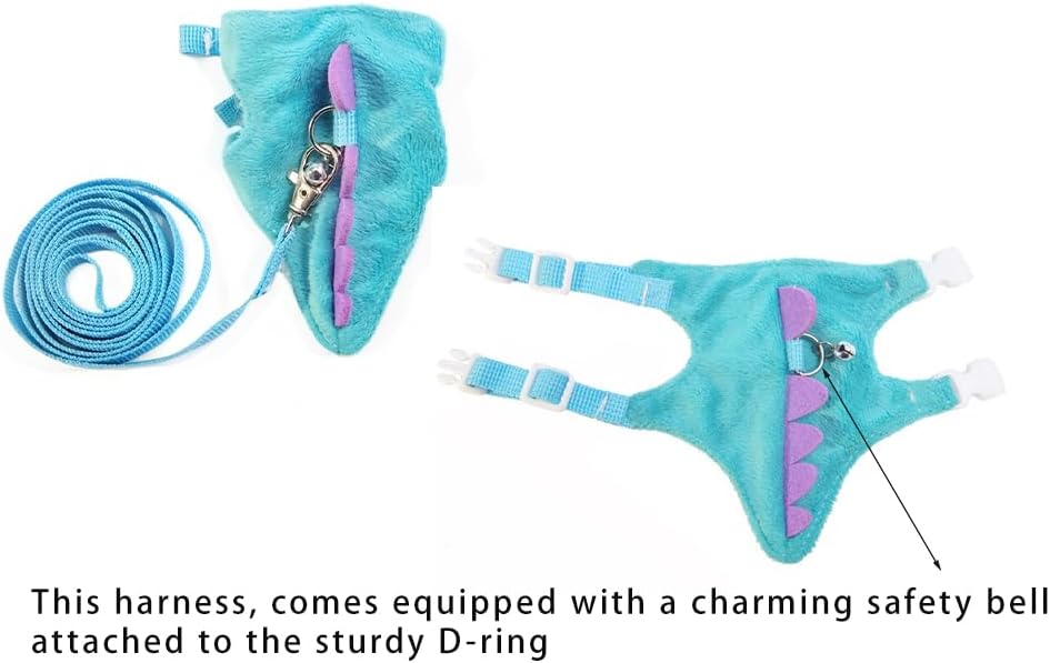 Ferret Leash and Harness Set, Dinosaur Design Small Animal Harness with Leash, Adjustable & Escape-Proof, Soft Plush Comfort for Rabbits, Kitten, Bunny, Hedgehog (Blue)