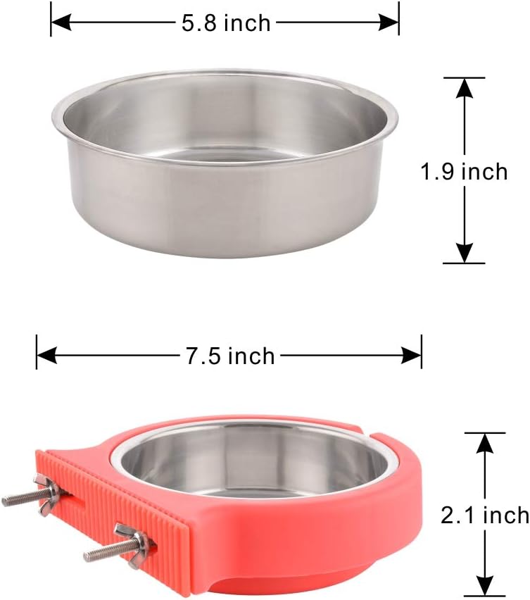 Crate Dog Bowl Removable Stainless Steel Water Food Bowls Cage Coop Cup for Cat Puppy Bird Pets (Large, Pink Orange with Corrugated Clip)
