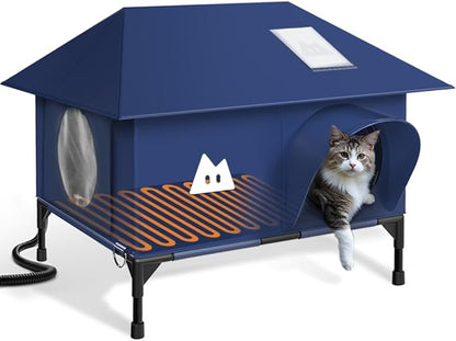 Heated Outdoor Cat House for Outside Cat in Winter,Upgraded 100% Weatherproof,Spacious Interior,2 Doors,Name Pocket,Heavy-Duty Insulated Feral Cat Shelter for Stray Barn Kitten(Blue,18"x13"x14.5")