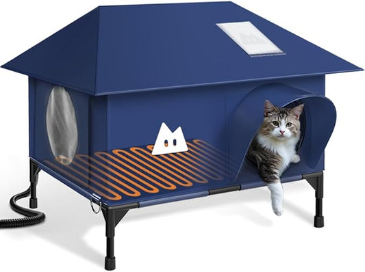Heated Outdoor Cat House for Outside Cat in Winter,Upgraded 100% Weatherproof,Spacious Interior,2 Doors,Name Pocket,Heavy-Duty Insulated Feral Cat Shelter for Stray Barn Kitten(Blue,18"x13"x14.5")